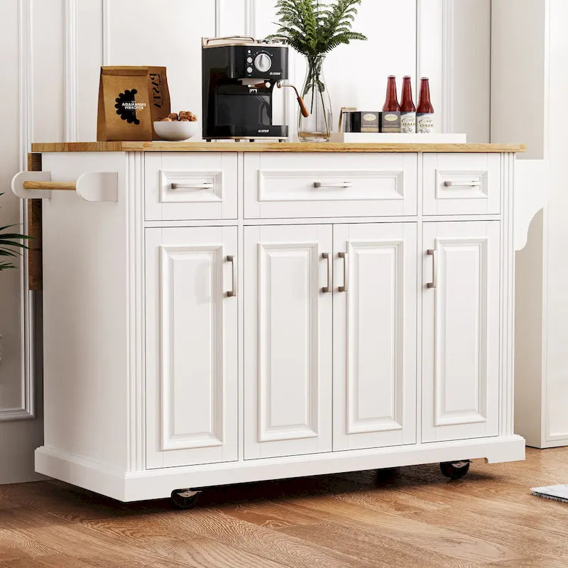 Large Kitchen Island With Wood Drop Leaf, Embossed Texture Rolling Kitchen Cart wDoors And Drawers wStorage For Kitchen, Whit