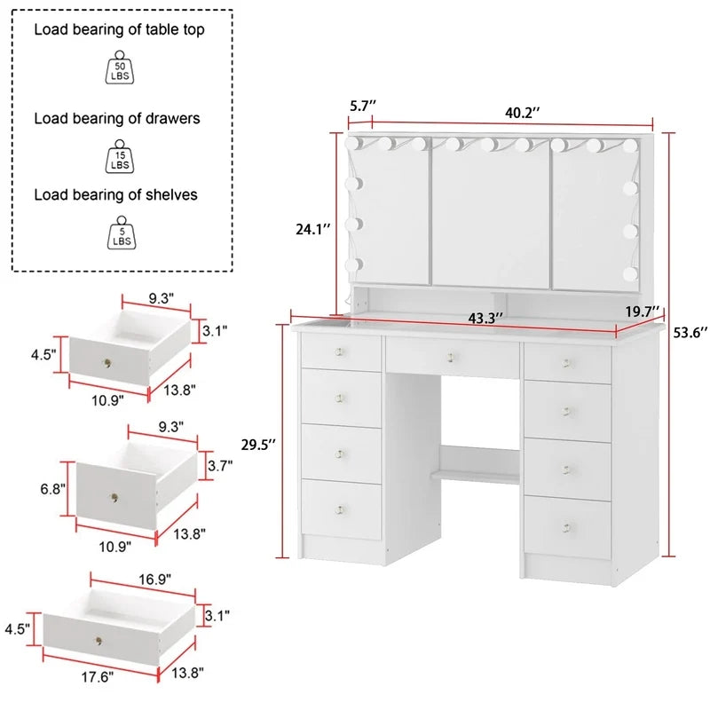 Makeup Vanity w/Tri-Fold Mirror Certified Lighting Glass Top Dresser