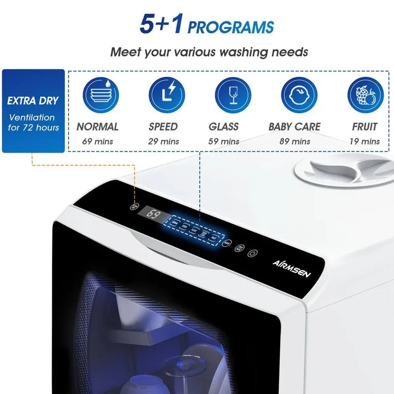 Portable Countertop Dishwasher With 5-Liter Built-In Water Tank And Air-Dry Function, 5 Washing Programs