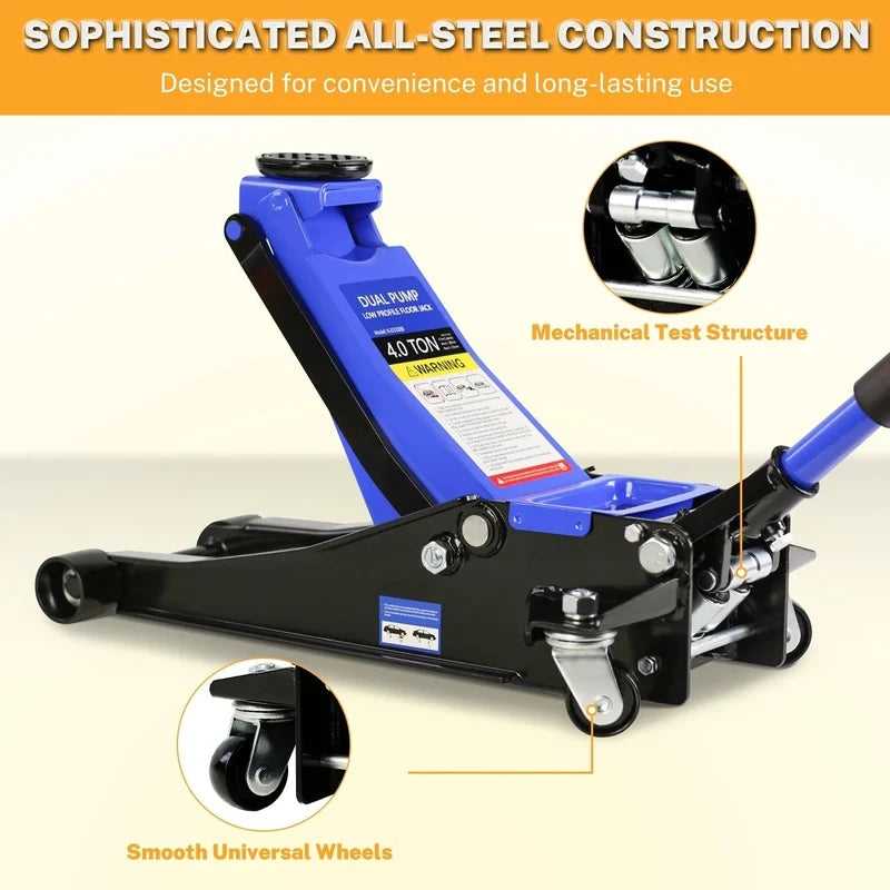 4-Ton Floor Jack, Low Profile Car Jack, Heavy-Duty Trolley Jack Car Lift With Dual Pump Pistons, Lifting Range 4 In.-21 In.