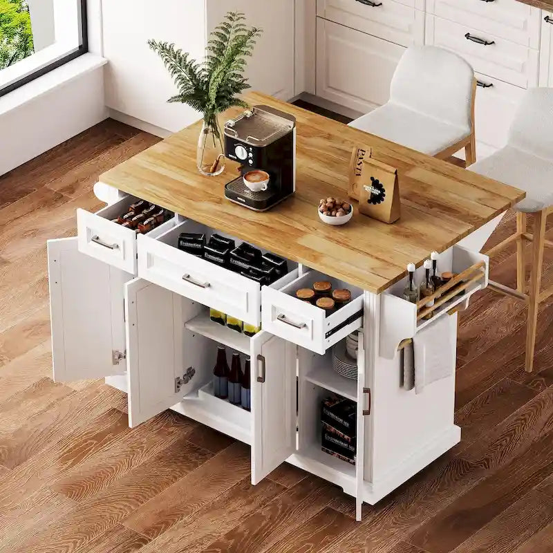 Large Kitchen Island With Wood Drop Leaf, Embossed Texture Rolling Kitchen Cart wDoors And Drawers wStorage For Kitchen, Whit