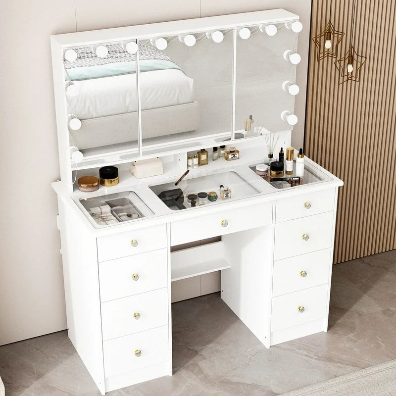 Makeup Vanity w/Tri-Fold Mirror Certified Lighting Glass Top Dresser
