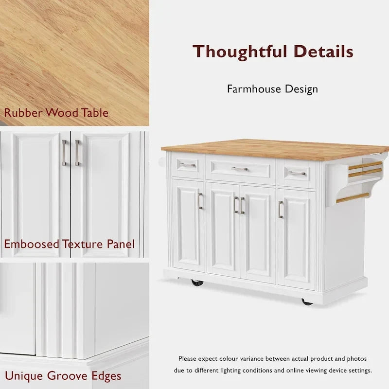 Large Kitchen Island With Wood Drop Leaf, Embossed Texture Rolling Kitchen Cart wDoors And Drawers wStorage For Kitchen, Whit