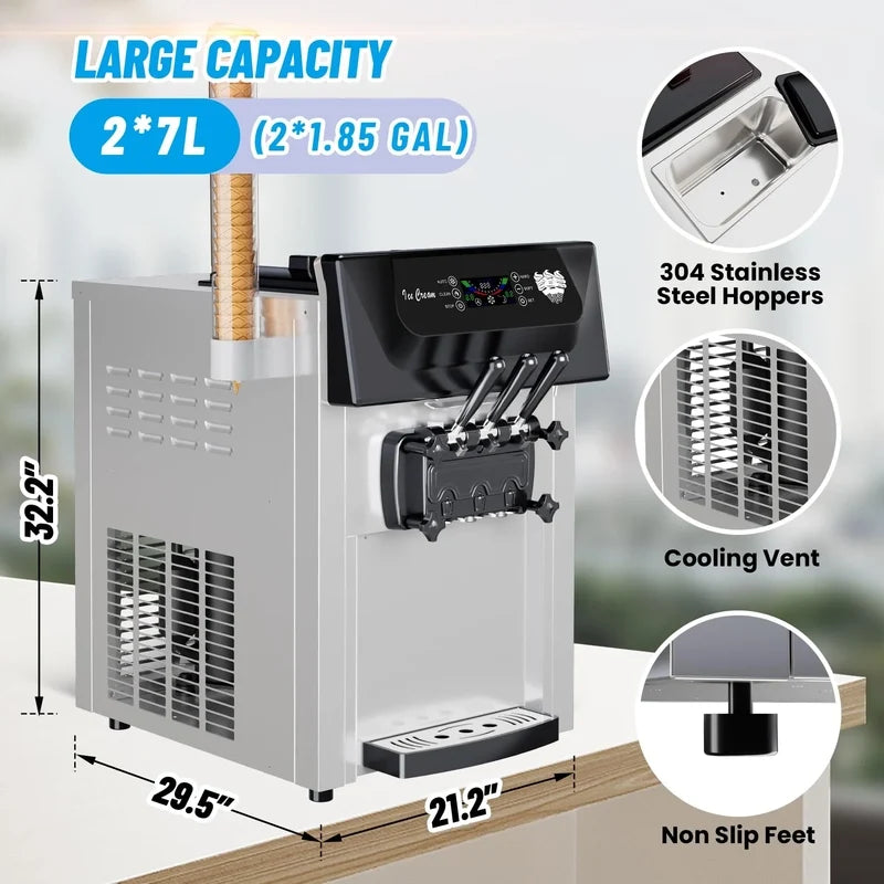 Garvee 2200W Commercial Ice Cream Machine, 3 Flavor Soft Serve Ice Cream Machine, 5.3-7.4 Gal/Hr, With LCD Touch Screen