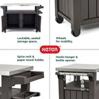 Keter Unity XL Outdoor Durable Kitchen Rolling Bar Cart With Storage Cabinet, Brown