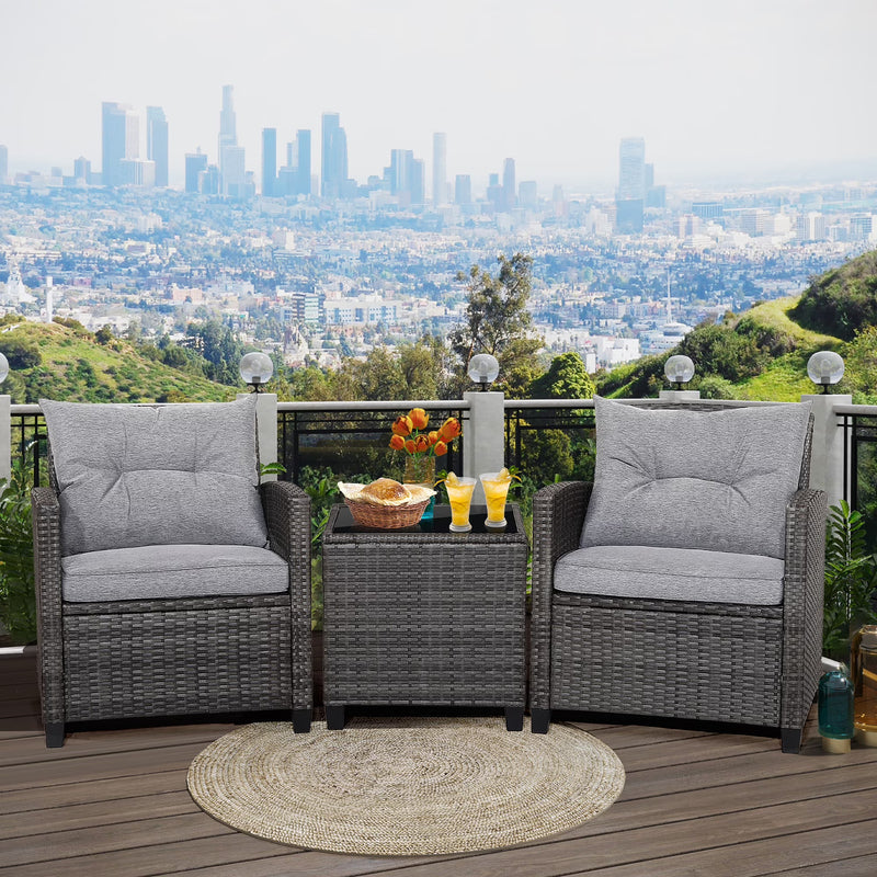 Gymax 3PCS Patio Rattan Sofa Set Outdoor Wicker Conversation Set Glass Tabletop w/Grey Cushion