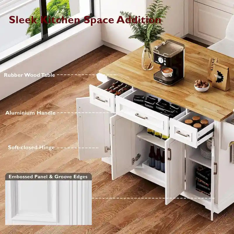 Large Kitchen Island With Wood Drop Leaf, Embossed Texture Rolling Kitchen Cart wDoors And Drawers wStorage For Kitchen, Whit