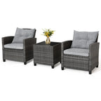 Gymax 3PCS Patio Rattan Sofa Set Outdoor Wicker Conversation Set Glass Tabletop w/Grey Cushion
