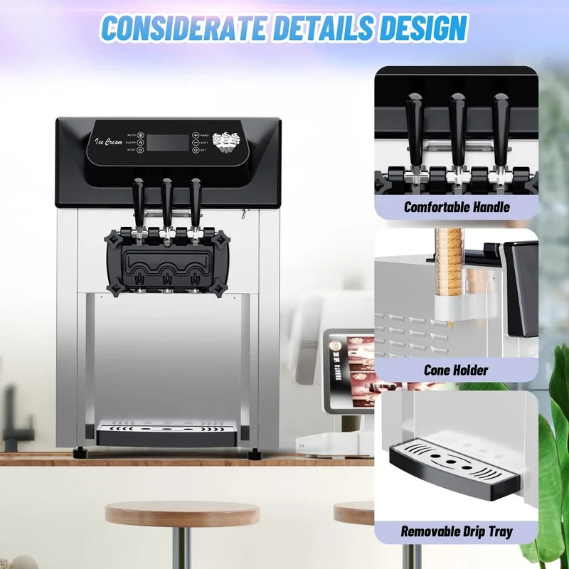 Garvee 2200W Commercial Ice Cream Machine, 3 Flavor Soft Serve Ice Cream Machine, 5.3-7.4 Gal/Hr, With LCD Touch Screen